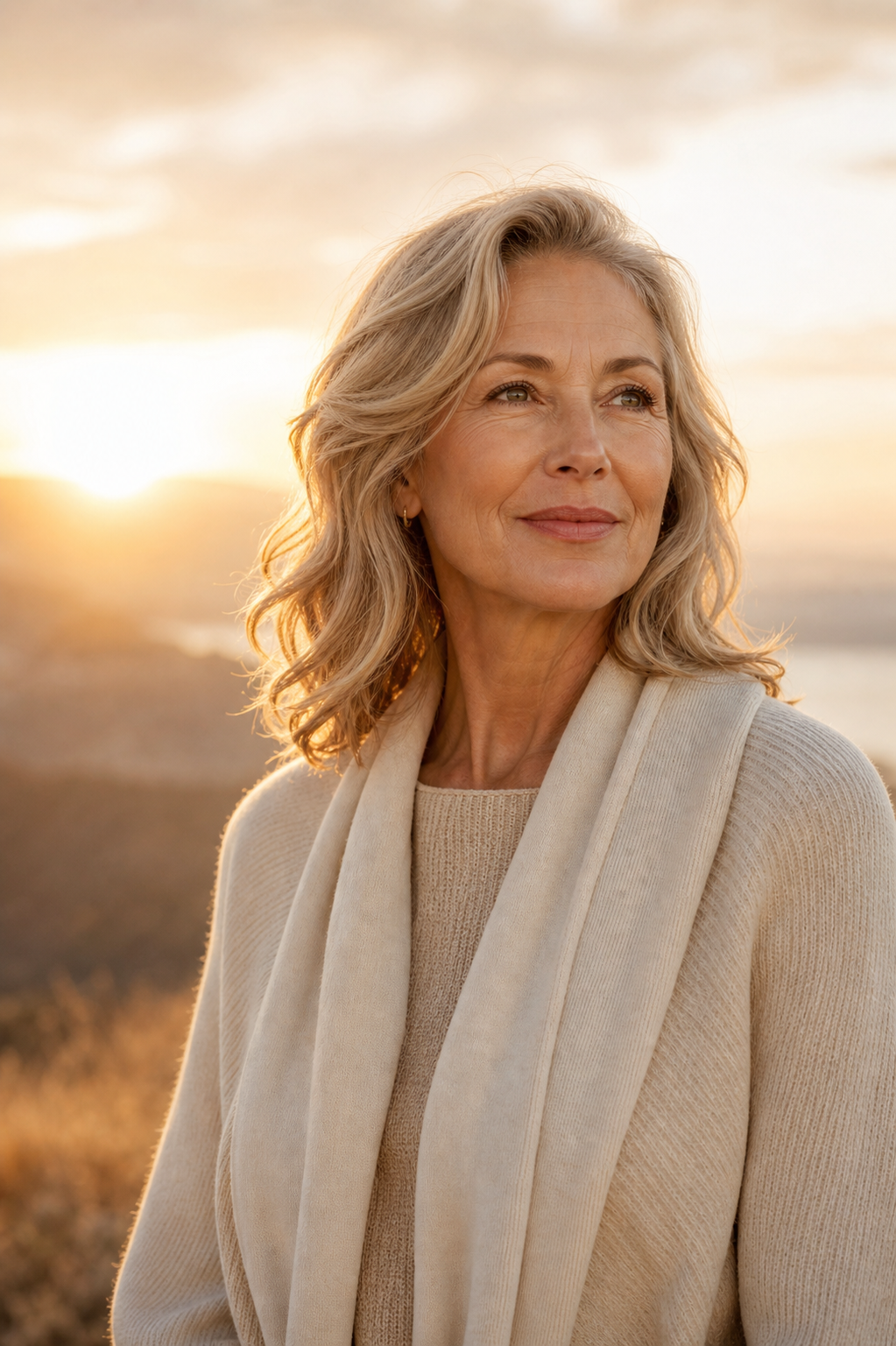 Woman in warm dawn light looking calm and clear.