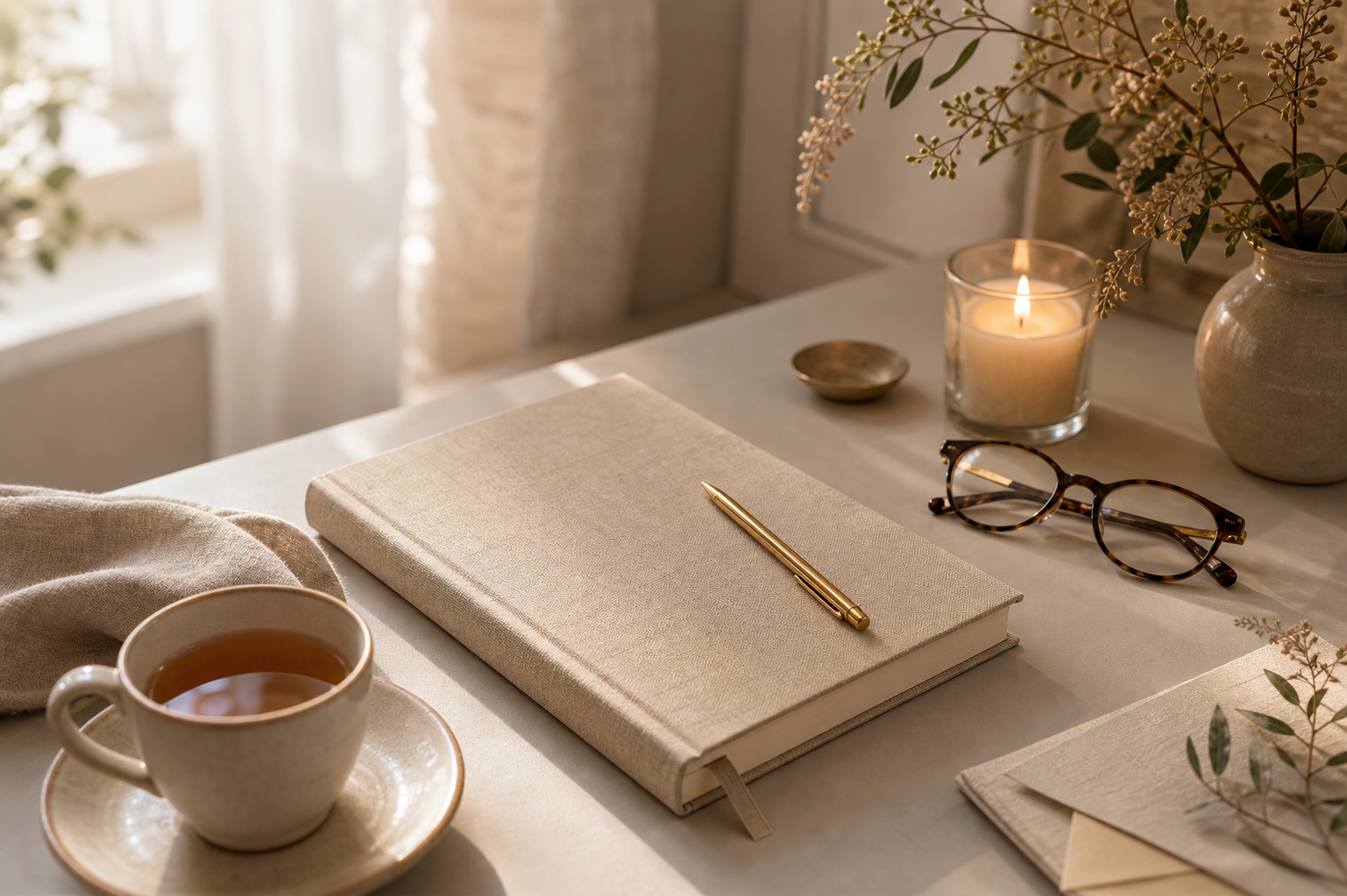 Warm desk with journal, tea, candle, and glasses in morning light.