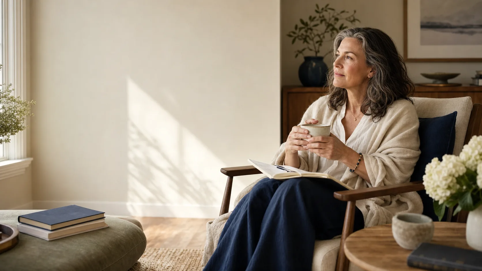 A thoughtful midlife woman seated near a sunlit window with tea and a journal in a calm elegant room.