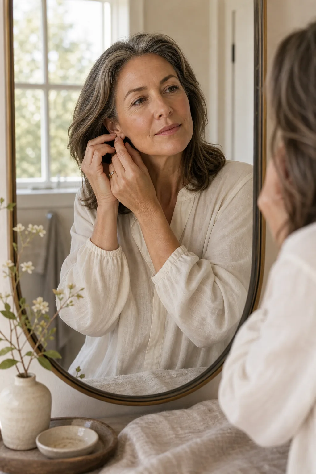 A reflective midlife woman in a quiet morning moment representing hormone clarity.