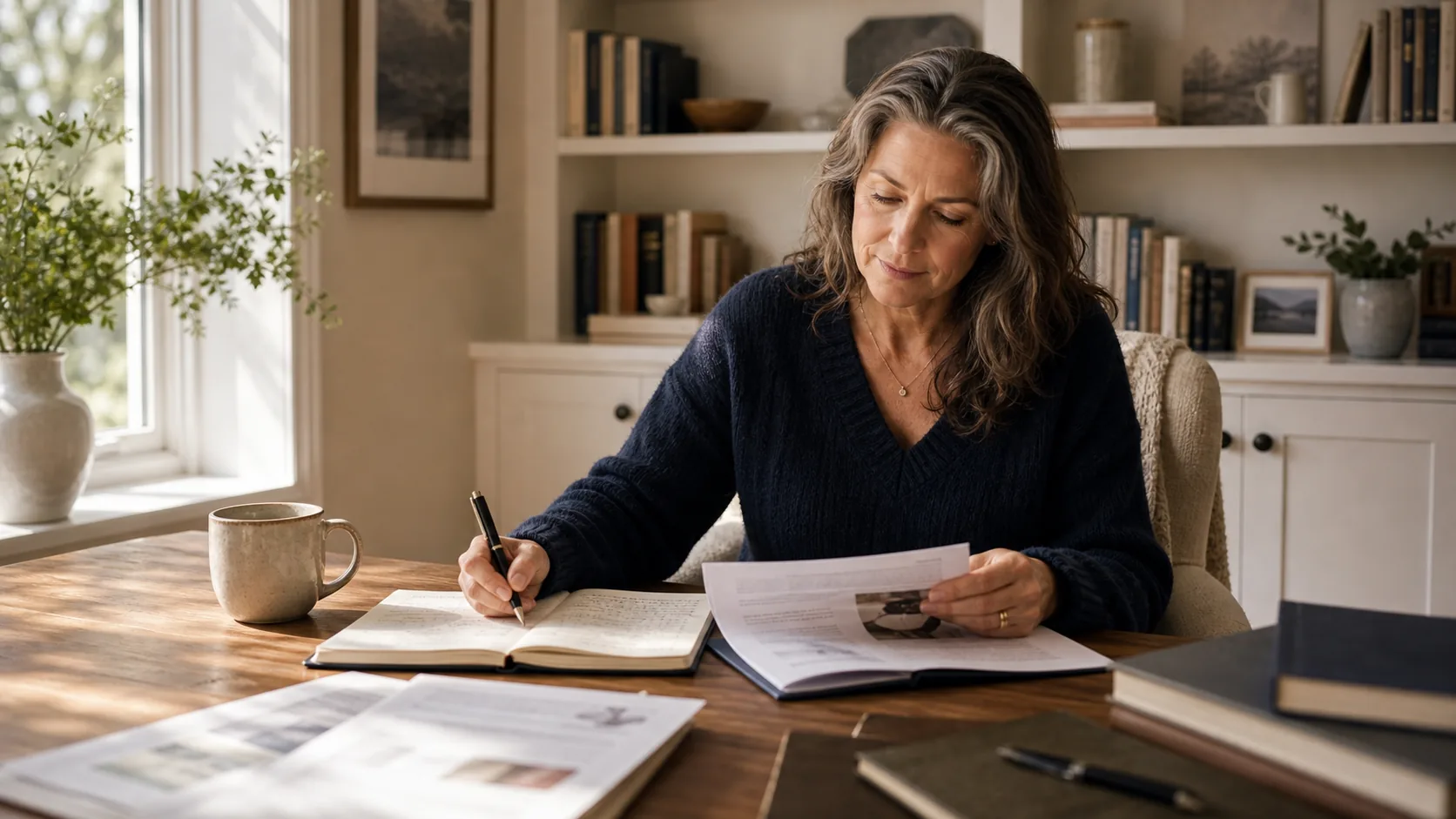 A calm member-room scene with a woman reading and making a note at a quiet home desk.
