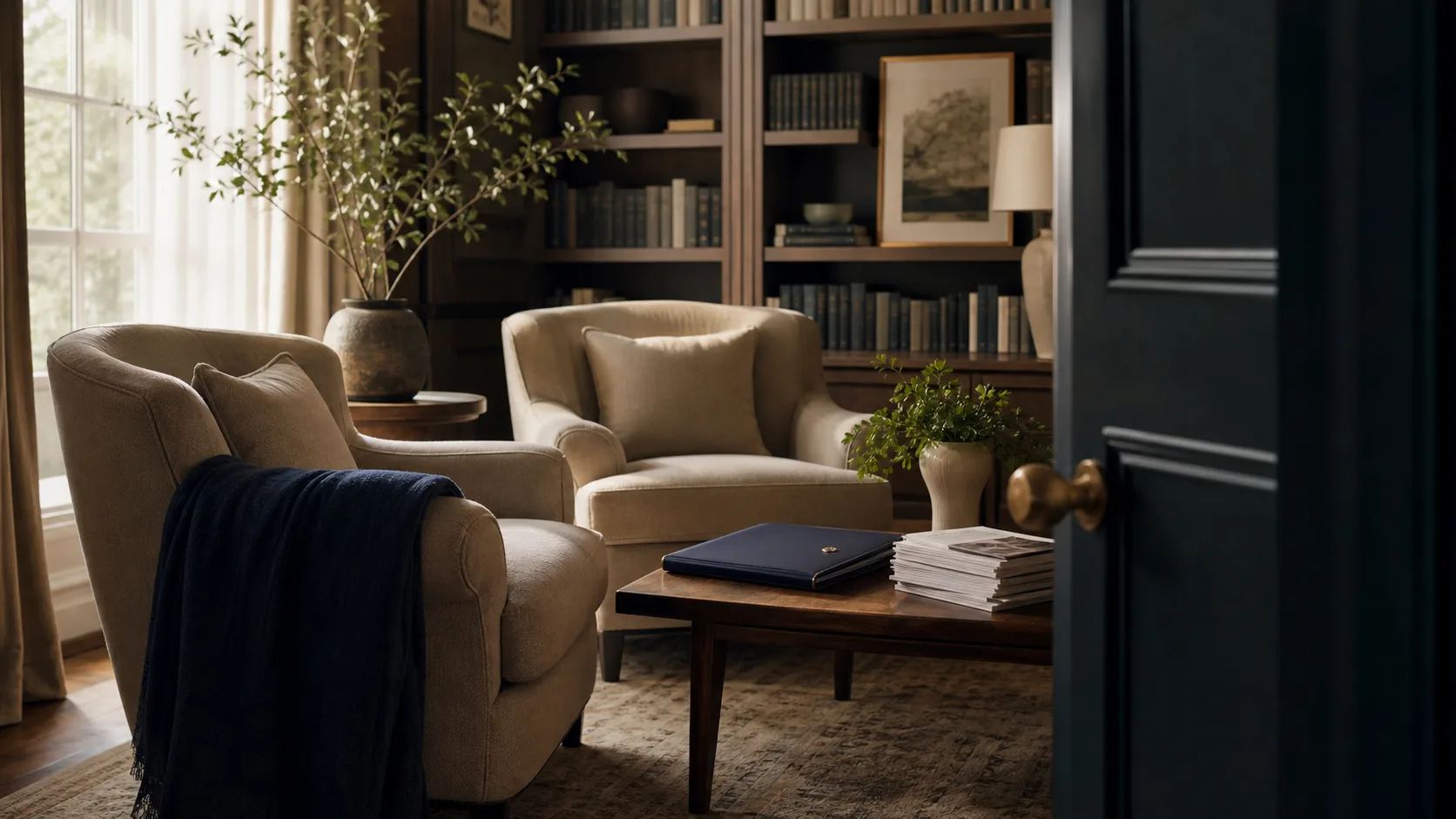 A quiet private reading room with two comfortable chairs, weekly briefs, and warm natural light.