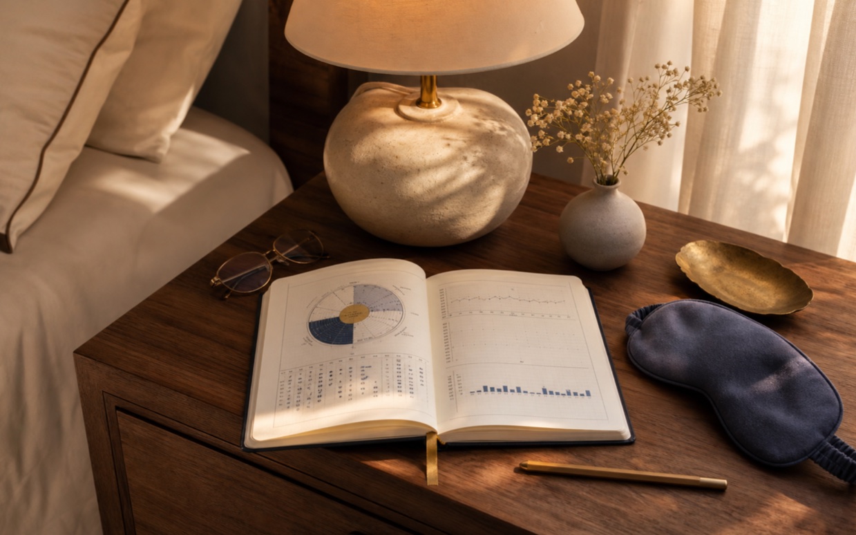 An open sleep-pattern journal, reading glasses, and a navy sleep mask on a walnut bedside table at dawn.