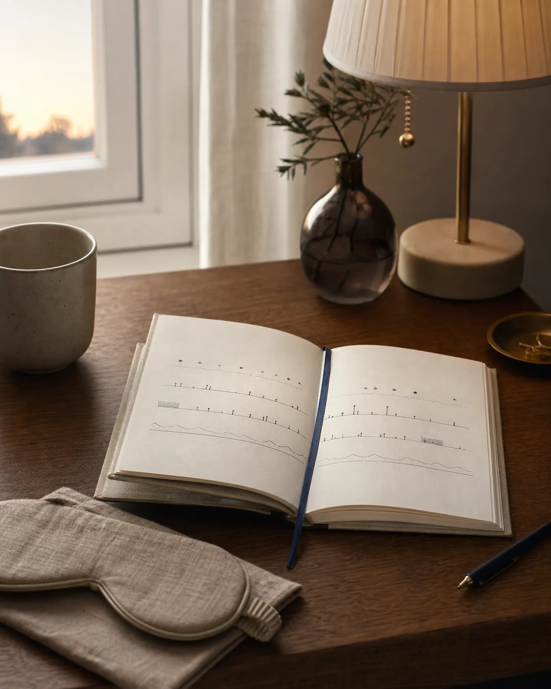 An open sleep-pattern journal, linen sleep mask, and warm lamp beside a window at dawn.