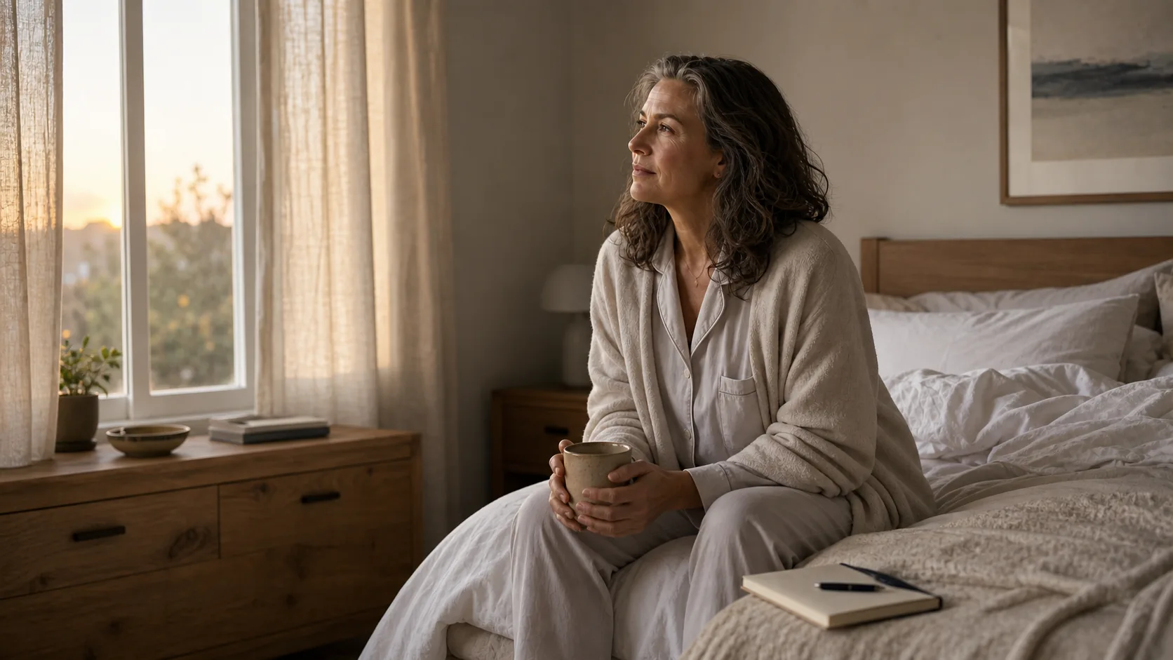 A midlife woman in a quiet dawn bedroom beginning to feel calmer after a difficult night.