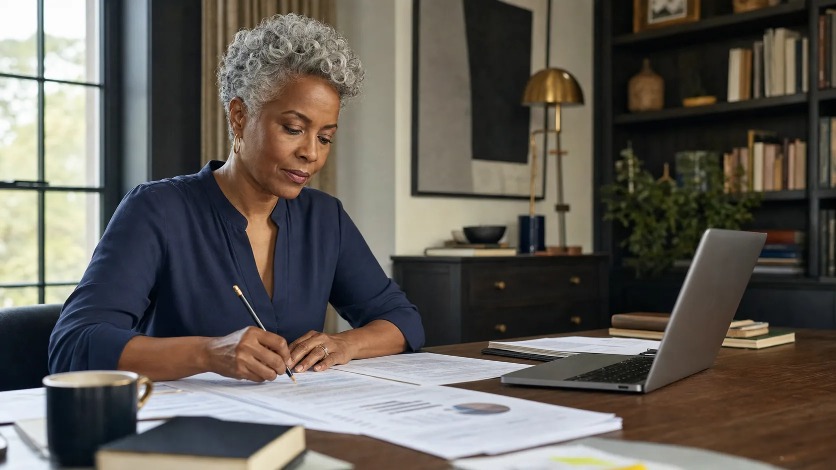 A silver-haired midlife research editor reviewing papers at a calm navy-and-walnut desk.