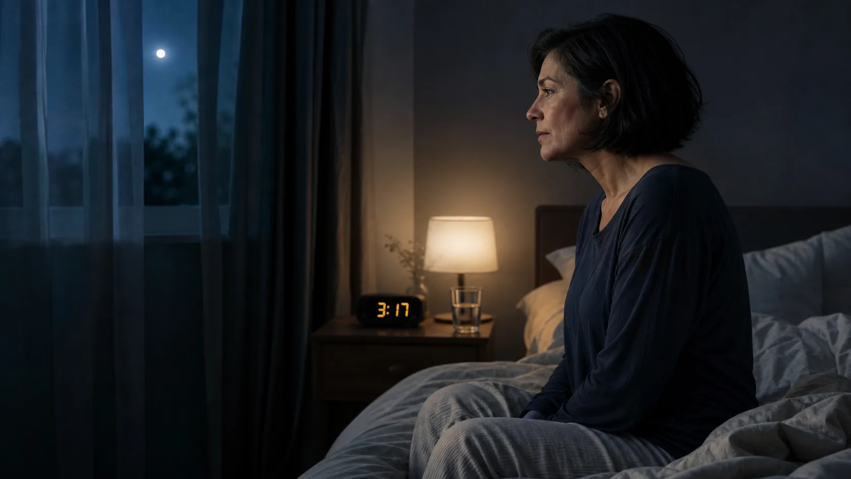 A midlife woman awake beside her bed at 3:17 in soft moonlight and a warm bedside glow.
