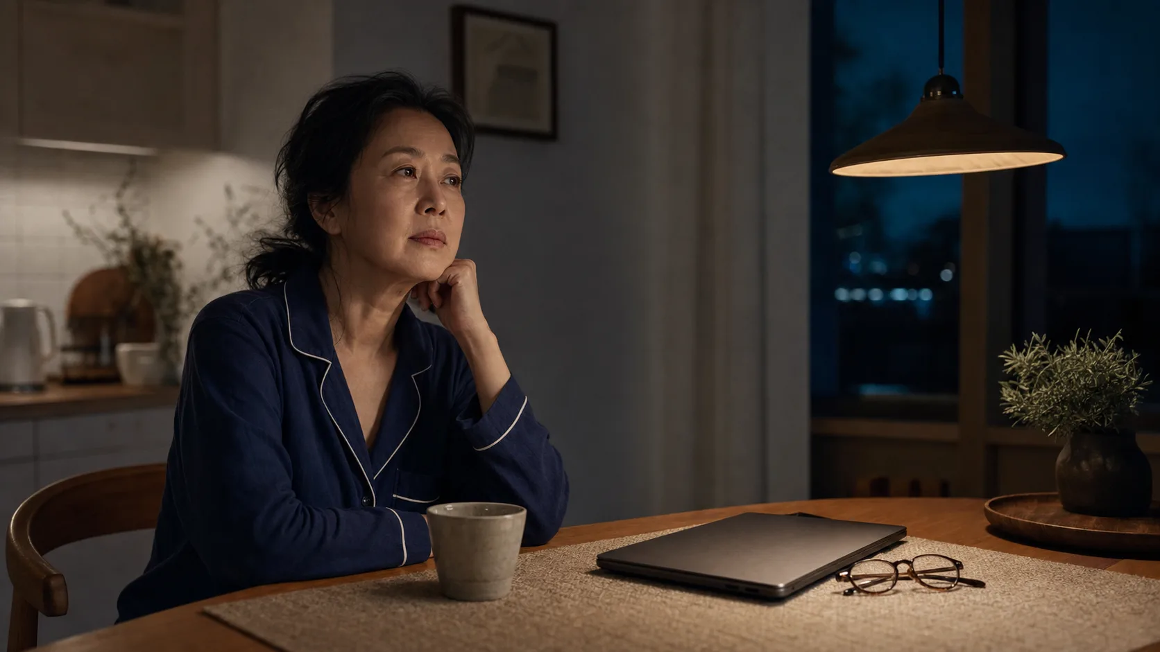 A tired but alert midlife woman sitting at a quiet kitchen table late at night.