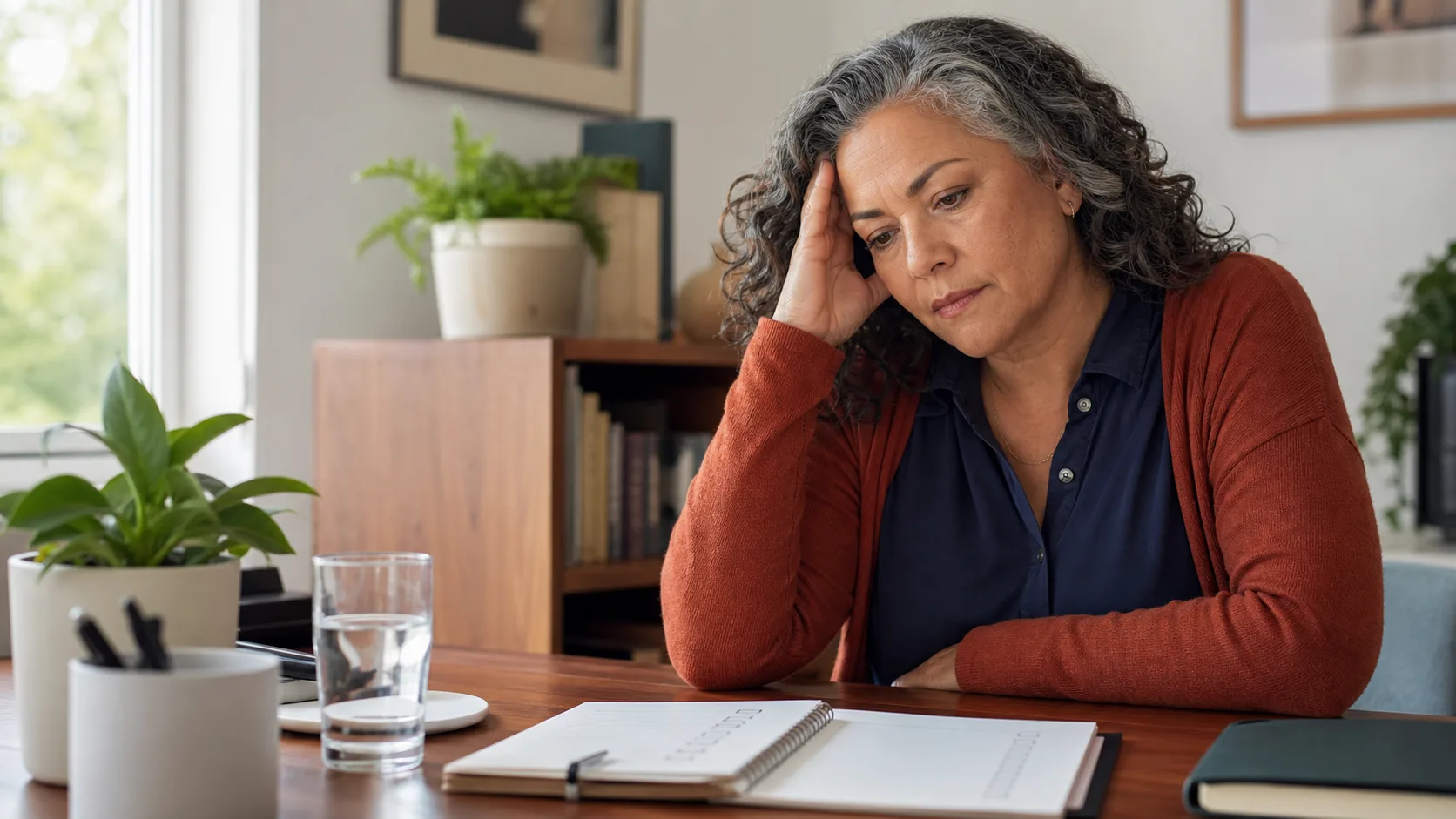 A capable midlife woman pausing at her desk as a rough night catches up with her afternoon.