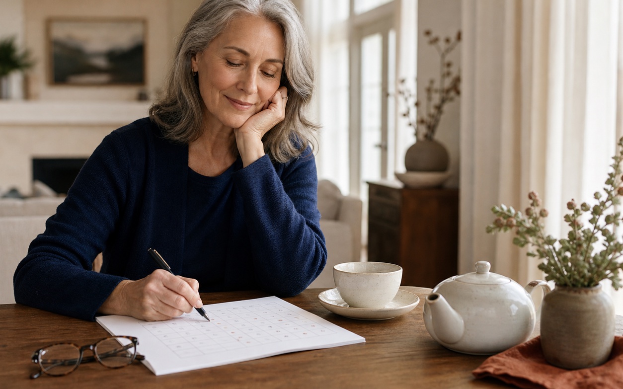 A silver-haired midlife woman calmly marking a simple weekly sleep log at breakfast.