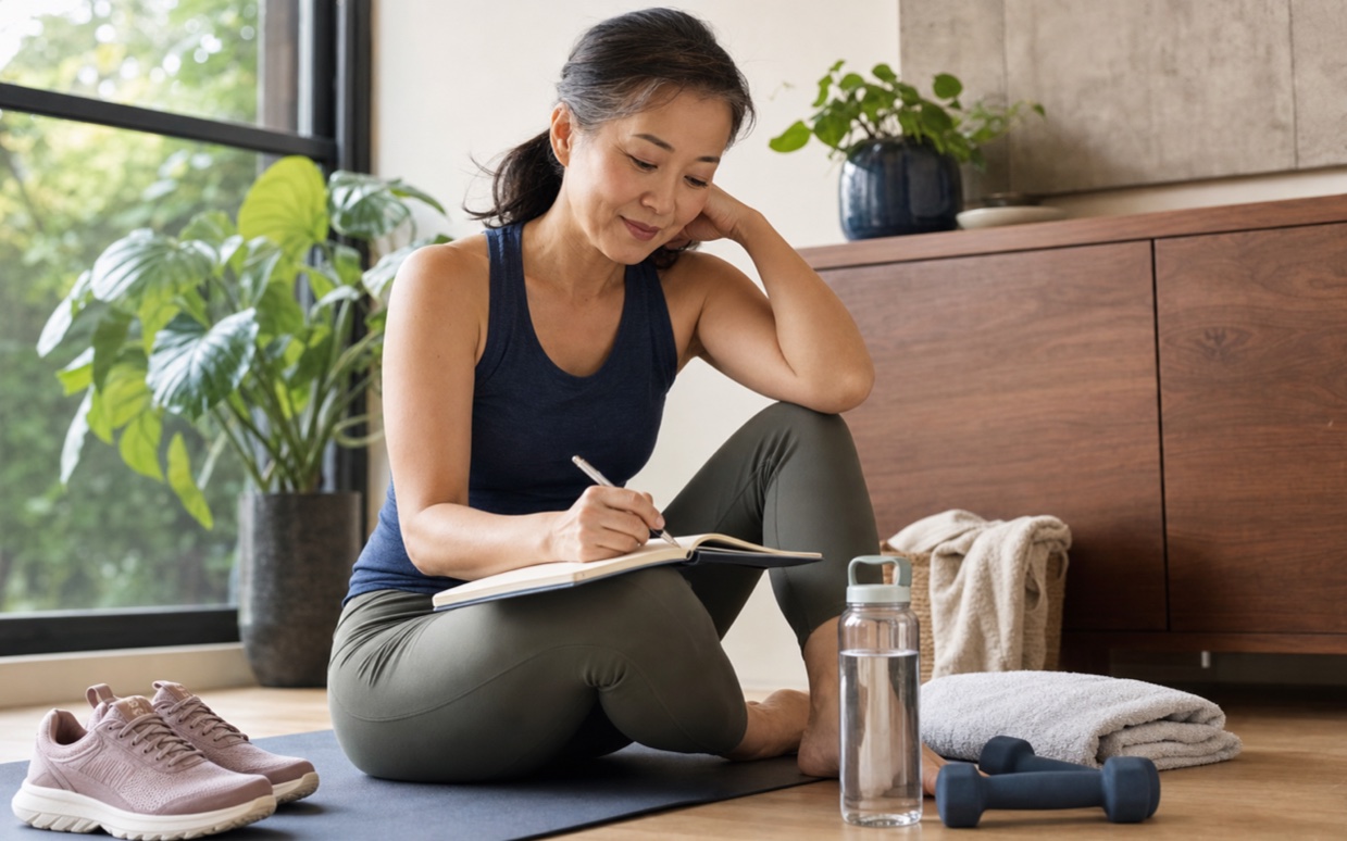 An active midlife woman reviewing a training note after a moderate home workout.