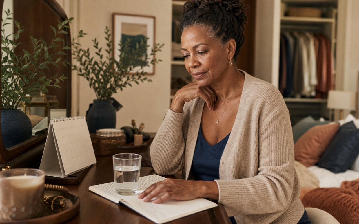 A thoughtful midlife woman looking across a few ordinary clues in her calendar and journal.