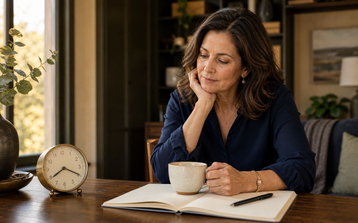 A midlife woman reconsidering an afternoon coffee beside a clock and open notebook.