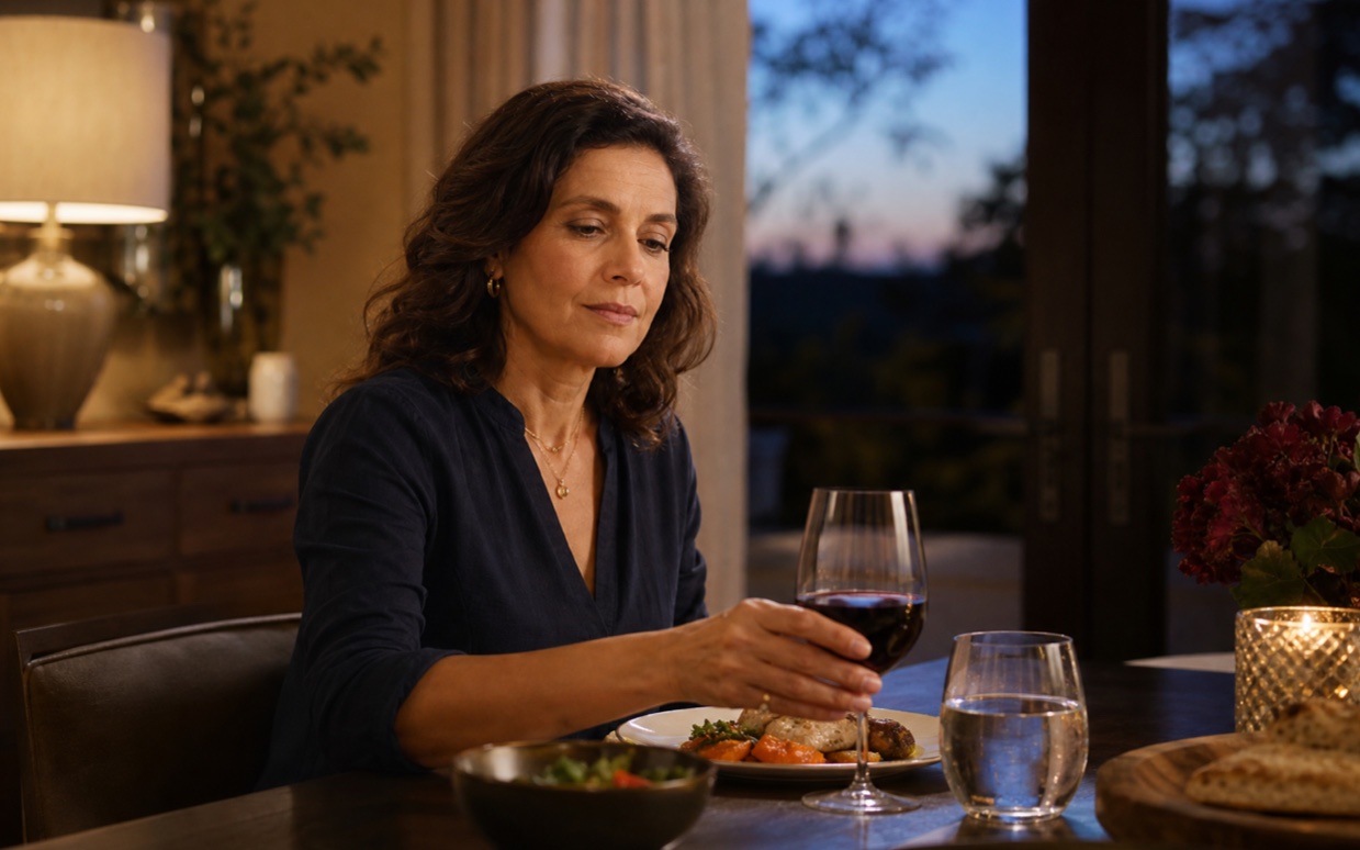 A midlife woman thoughtfully setting down a small glass of wine at an early evening meal.